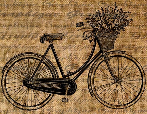 Digital Download Collage Sheet Burlap Transfer Vintage BICYCLE Basket Flowers Ribbons Bike Iron On Fabric Pillows Tote Tea Towels No. 1804