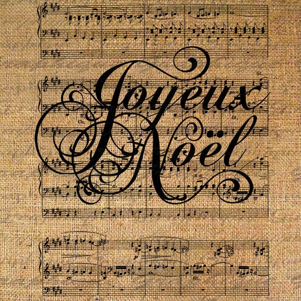 CHRISTMAS Digital Collage Sheet Download Burlap Fabric Transfer JOYEUX NOEL Text MuSIC Iron On Pillows Totes Tea Towels No. 3151