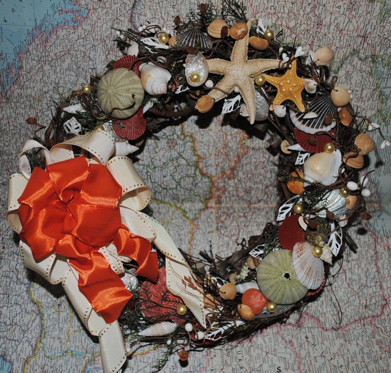 Handmade Sea Shell Natural Vine Wreath Nautical Beach Cottage