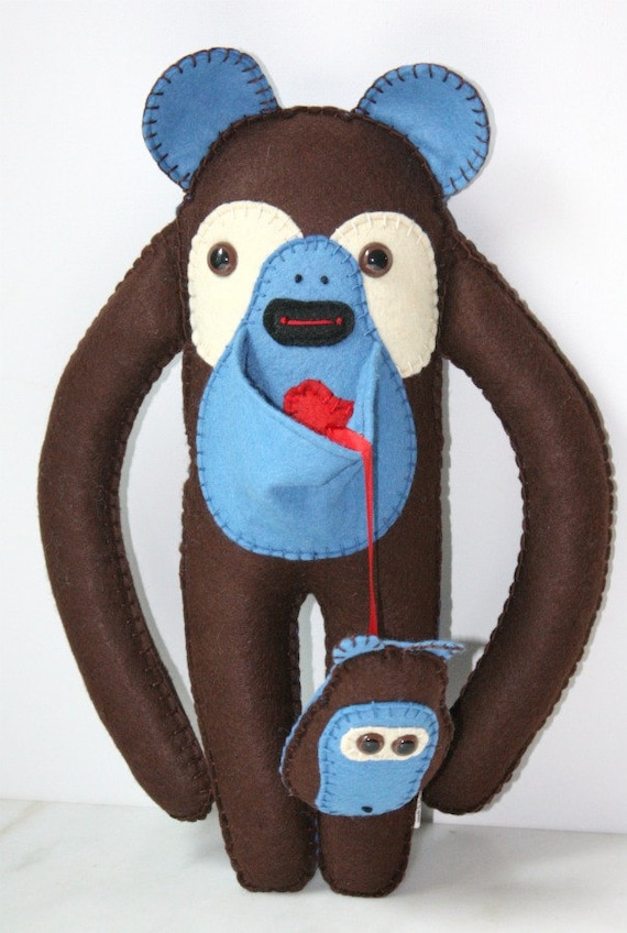 Felt Stuffed Plush Monkey Bear Animal, Cute Stuffed Plushie Animal, Blue and Brown Felt Toy
