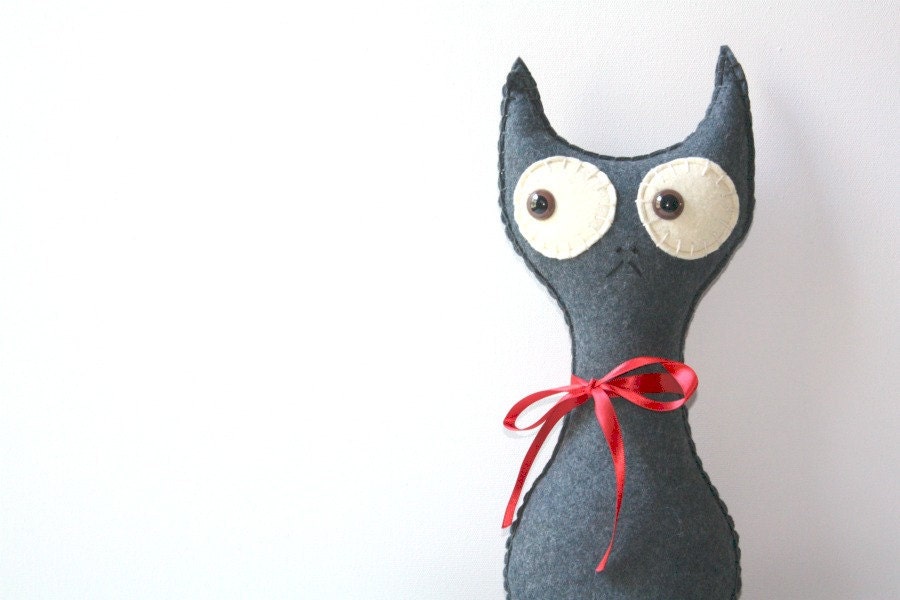 Cat Stuffed Animal Felt Plush Pillow, Cat Stuffed Animal, Felt Animal Plush, Grey Gray Felt Kitten