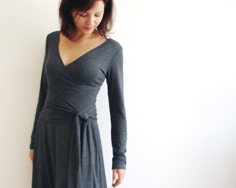 Flattering A line Long Sleeved Womens Wrap Dress made of Charcoal Grey Jersey