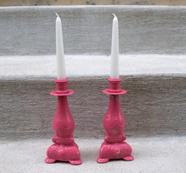 Ornate Candle Holders - Bright Berry Pink - Set of 2