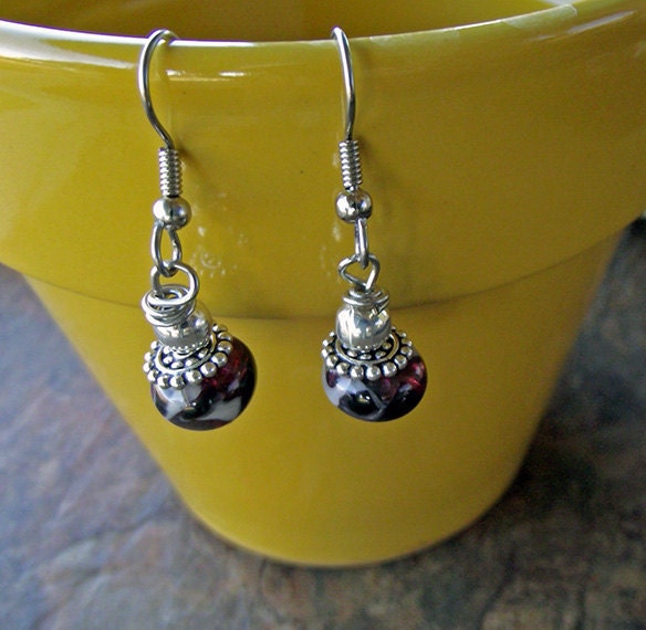 Silver Randell Cloudy Purple Lampwork Earrings.