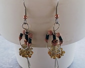 Copper Coiled Amber Lampwork Bead Dancer Earrings.