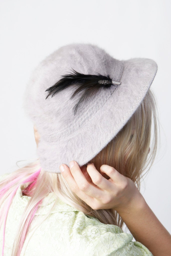 vintage 70's slate grey purple angora wool hat with feather women's fall winter