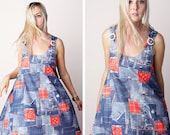 vintage 60's patchwork denim and handkerchief print paper bag dress mod retro twiggy summer women's one size fits all