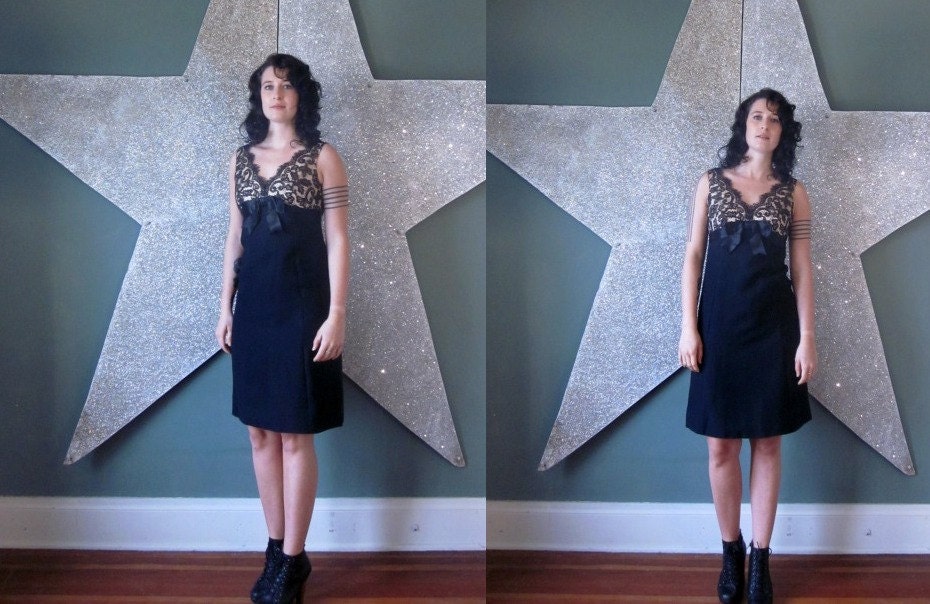 vintage 50's black lace and cream party dress cocktail sweetheart dress women's little black dress with bow
