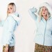 vintage 70's Sears brand baby ice blue winter coat with white faux fur hood snow bunny women's