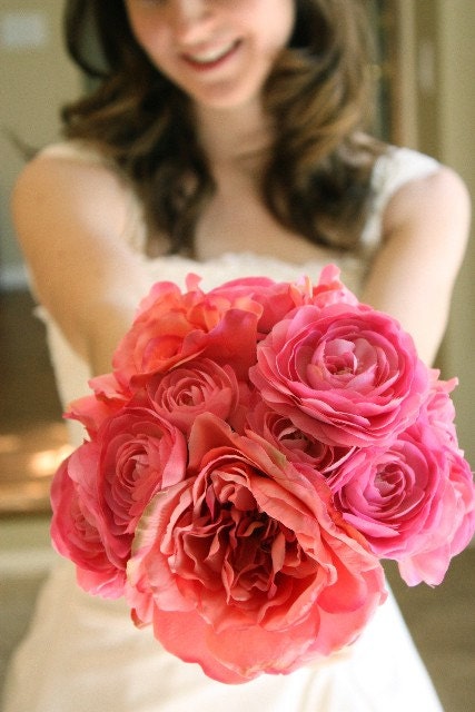 Bright Pink Peony and Ranunculus Wedding Bouquet and Matching Pink Ranunculus Boutonniere