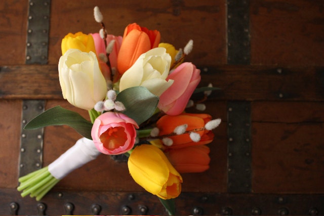 Tulip Wedding Bouquet, Silk Bouquet, Spring Wedding Bouquet, Yellow, Pink, Orange, White, Shabby Chic