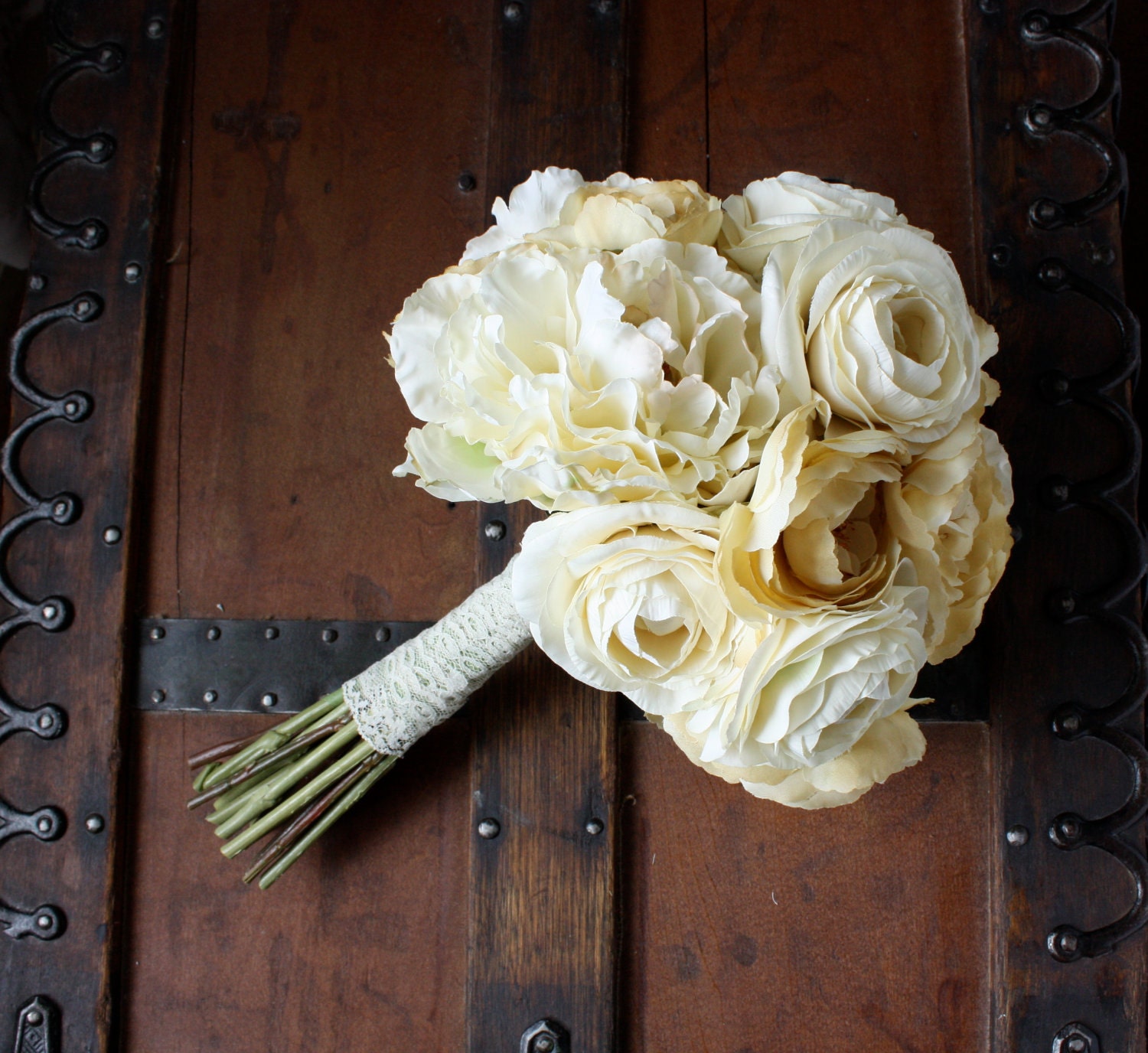 Custom for Margie Cream Peony Ranunculus Silk Bouquet Complete Wedding, 2nd payment of 2 (1 bride, 6 maids, 7 bouts, 3 corsages)