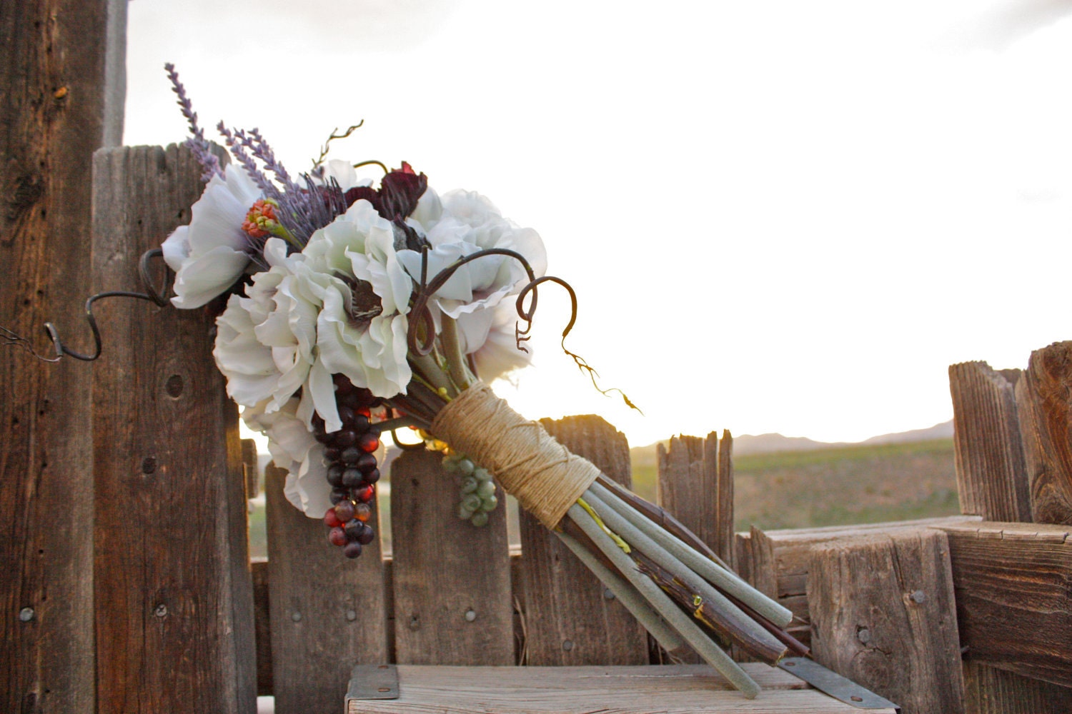 Tuscany Vineyard Wedding White and Purple Silk Bouquet (Anemones, Grapes, Poppies, Lavender, Wildflowers, Purple Safflower)