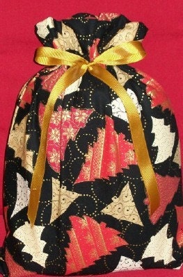 Red and Gold Christmas Trees Medium Fabric Gift Bag - Holiday, Black, Beige, Cream, Elegant