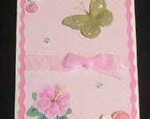 Pink Butterfly Blank Greeting Card - Butterflies, Flowers, Jewels, Beige, Green, Gold, Glitter, All Occasion