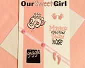 Our Sweet Girl Blank Greeting Card - New Baby Girl, Baby Announcement, Baby Shower, Handprints, Footprints, Pacifier, Pink, Brown, White