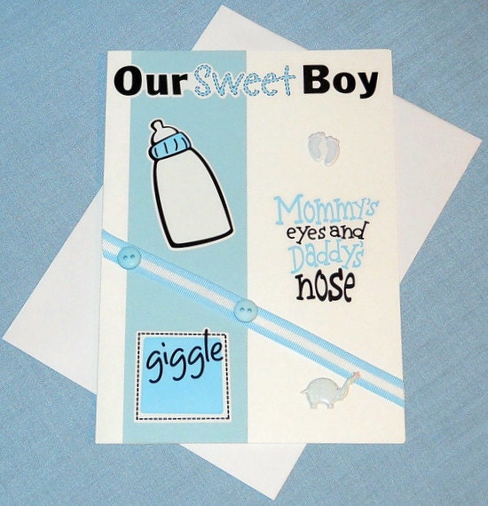 Our Sweet Boy Blank Greeting Card - New Baby Boy, Baby Announcement, Baby Shower, Footprints, Baby Bottle, Elephant, Blue, Brown, White