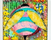 Original Artwork Shabby Chic Mixed Media Collage Pink and Yellow Bumble Bee on Etsy (4x4 wood panel)