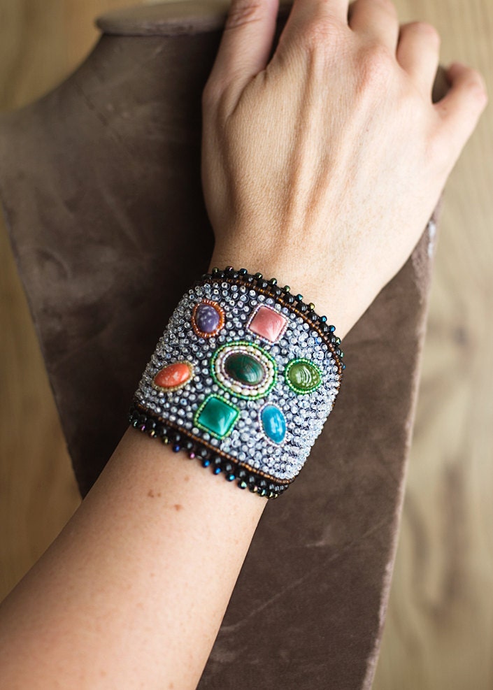 ChristmasinJuly Ethnic Beaded Bracelet Stone Cuff Summer Fashion Tribal Statement Jewelry