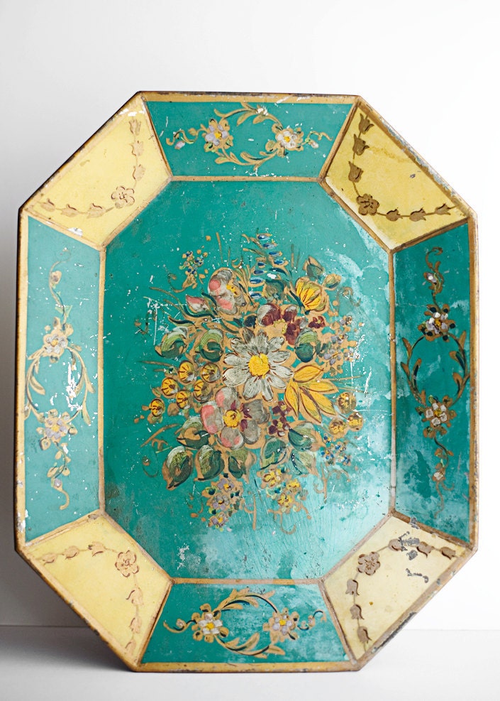 Large Painted Tray Blue Green Flower Shabby Chic French Country Cottage Decor