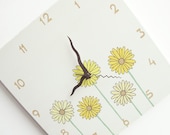 Children's Wall clock- Yellow Daisy flowers Hand painted on canvas-   Light Antique White clock for nursery/ kitchen clock - Shellyka