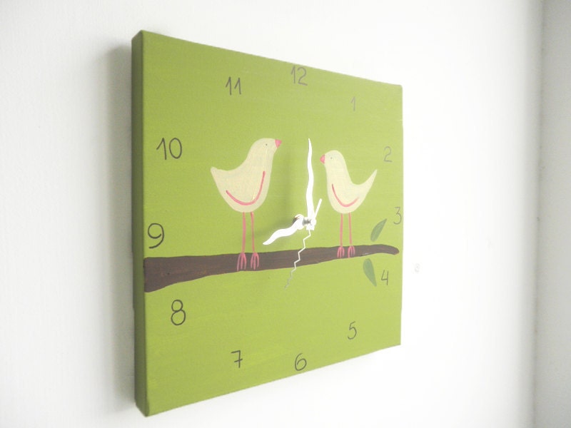 Love birds Wall clock- birds on a branch green and pink clock  -unique gift- canvas clock- Decorative  hand painted Square clock