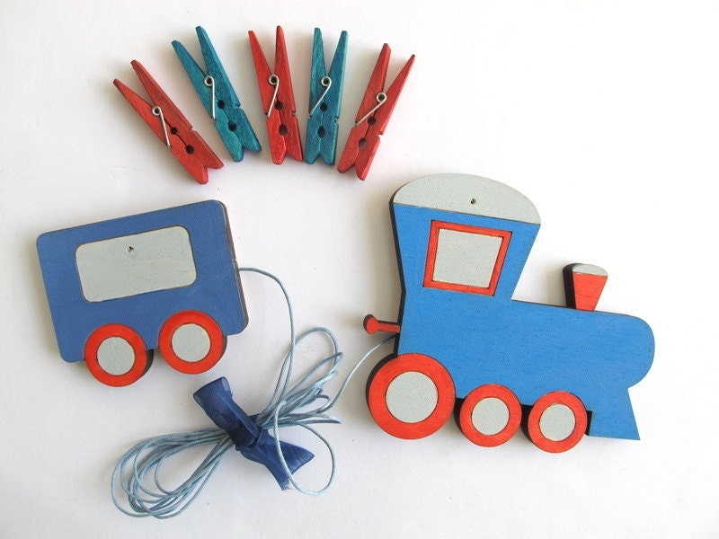 Children's  Artwork display hanger- Train - Blue and red wall art for boys - kids wall decor hangers, transportation wall art