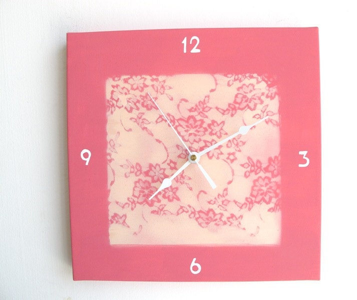Wall clock- pink Lace romantic flowers clock - Hand painted on canvas children clock, teens, clock, girls clock, kitchen clock