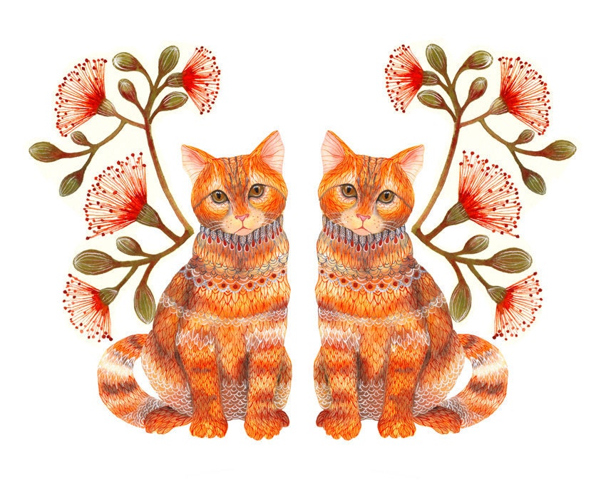 Cats couple animal art print "Lacy Twins" by OlaLiola, size 10x8 (No. 20)