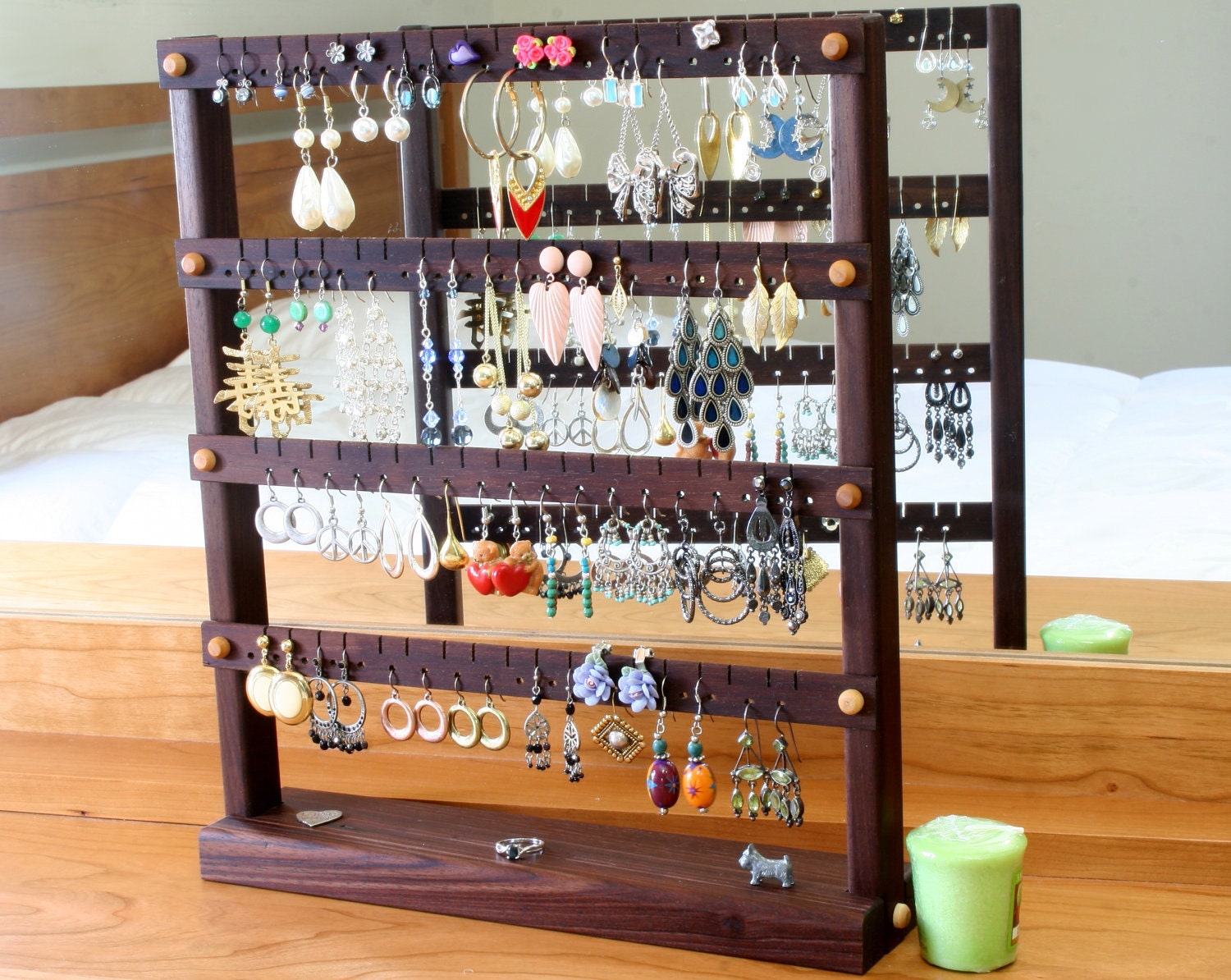 Earring Holder - Jewelry Organizer Stand, Peruvian Walnut, Wood.  Holds 72 Pairs of Earrings. Jewelry Display - Jewelry Holder