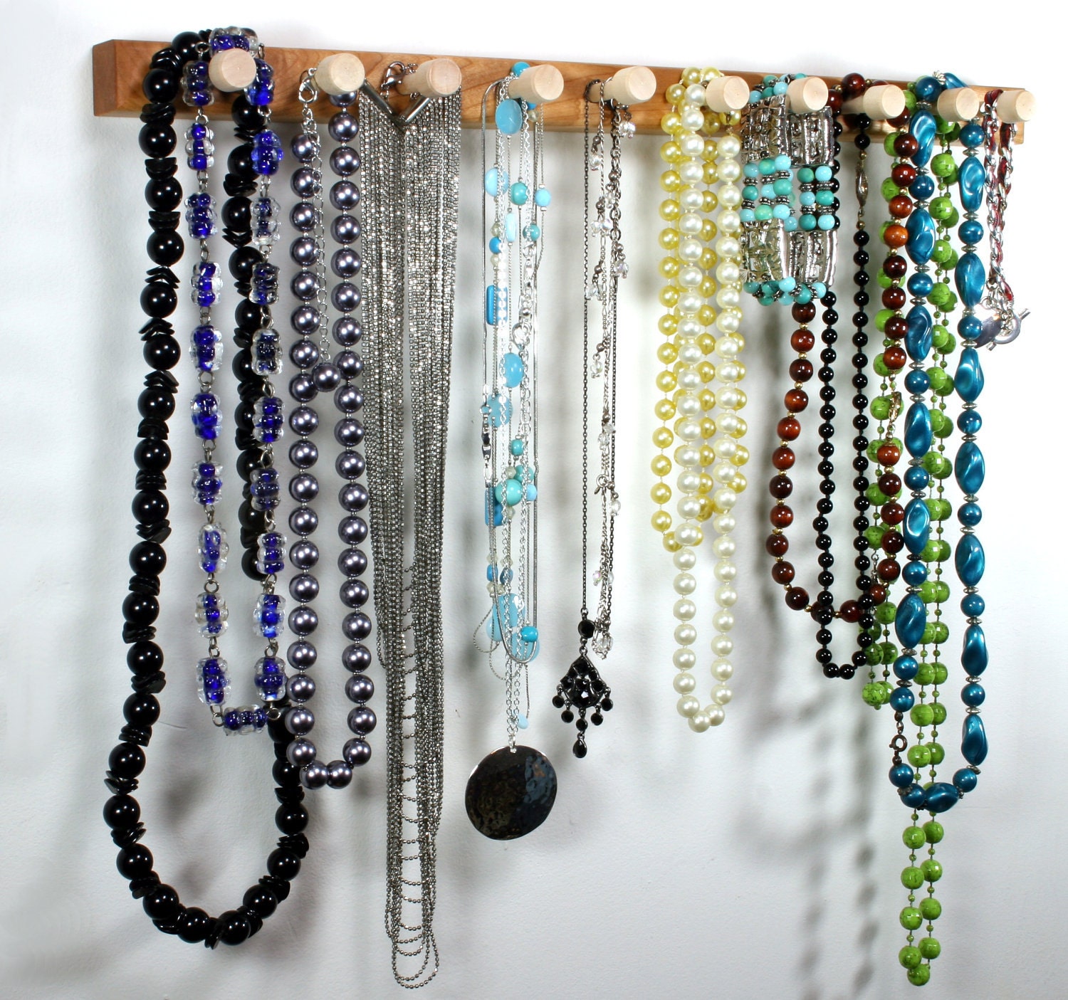 Necklace Holder - Wall Mount Jewelry Holder Bar, Cherry.  15", 10 Pegs. Compact. Hanging Jewelry Organizer