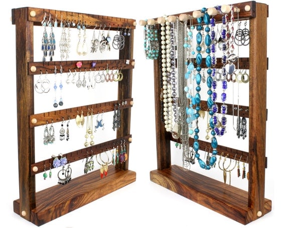 Jewelry Holder - Jewelry Display, Caribbean Rosewood, Necklace Holder. Holds 72 pairs, 8 pegs. Earring Holder - Jewelry Organizer