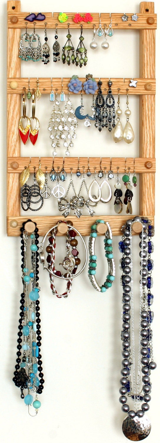 Earring Holder, Jewelry Organizer, Oak, Wood, Hanging, Necklace Organizer. Wall Mounted. 30 pairs, 4 pegs. Jewelry Display