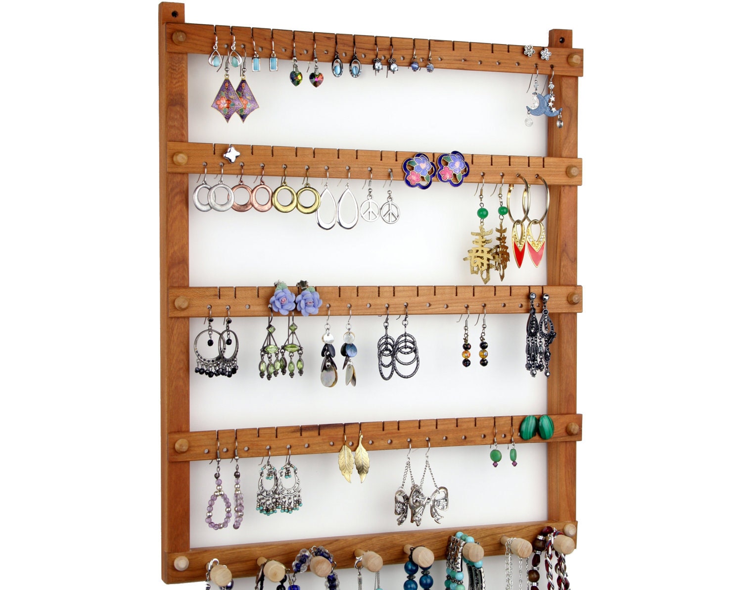Earring Holder / Jewelry Holder, Cherry, Wood, Wall Mount with Necklace Holder. Holde 72 pairs of Earrings, plus 8 pegs. Jewelry Organizer