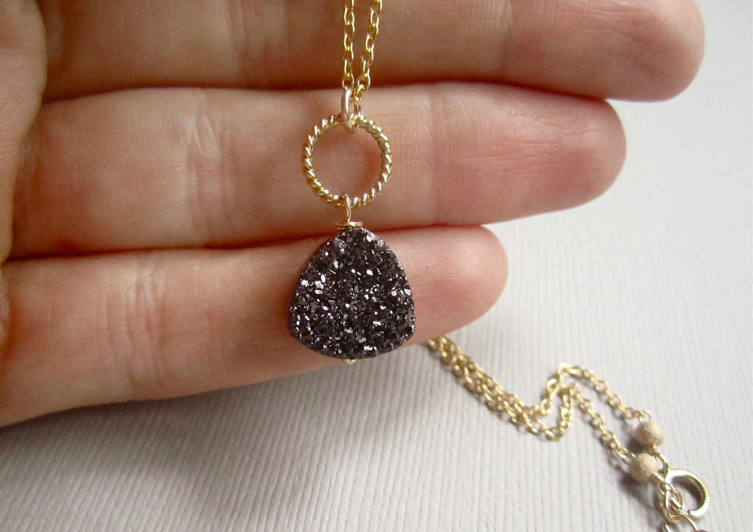 Druzy Necklace Brown Drusy Quartz 14K Gold Fill