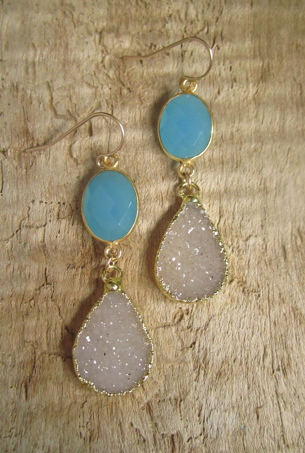 Sand Druzy Earrings Drusy Quartz Aqua Chalcedony 24K Gold Vemeil