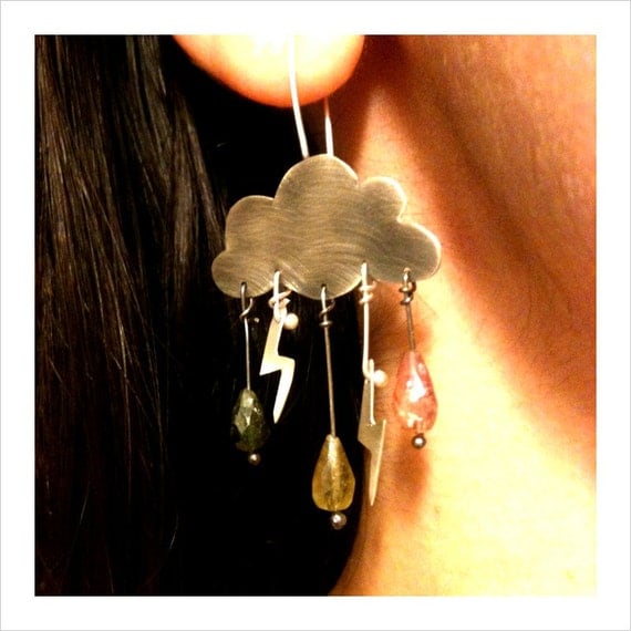 Cumulonimbus Angry Cloud Dangle Earrings Sterling Silver Tourmaline Rain Drop Lighting Bolt Delicate Dainty Feminine Gift for Her Under 100