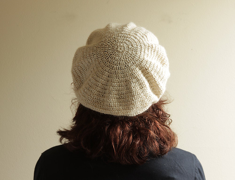 Crochet Hat Beret for Women - Adult Slouch Hat, Cream, Artist Tam, Chunky, Metallic - READY - OK - SENNURSASA