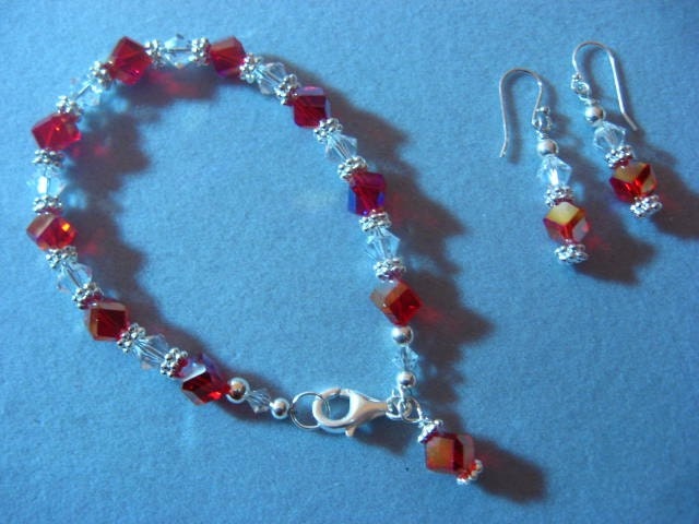 Red Cube and Clear Bicone Swarovski Crystal Bracelet with free matching Earrings