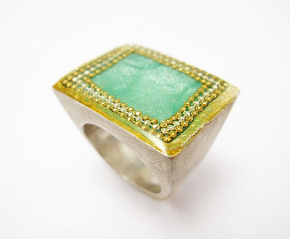 Square Green Ring, Mint green silver ring, geometrical ring, BOHO style, Winter 2013