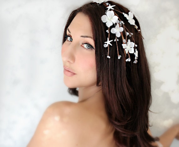 Beach Flowers and Starfish Cascade Crown, Wedding Tiara, wedding accessories, bridal flower, White, nautical, starfish - ANYA -