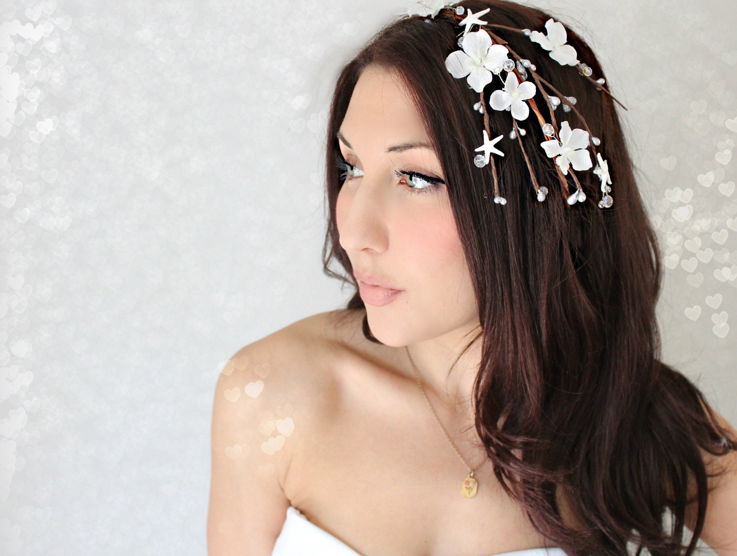 Beach Flowers and Starfish Cascade Crown, Wedding Tiara, wedding accessories, bridal flower, White, nautical, starfish - ANYA -