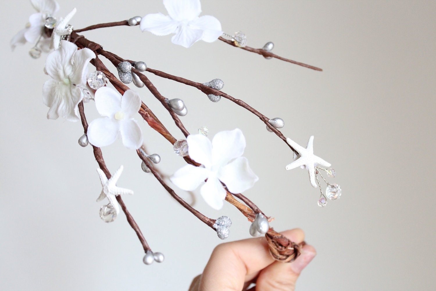 Beach Flowers and Starfish Cascade Crown, Wedding Tiara, wedding accessories, bridal flower, White, nautical, starfish - ANYA -