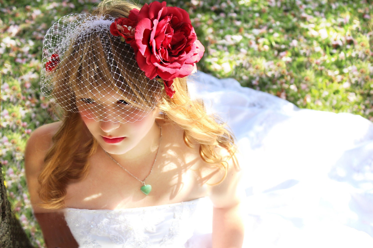 5 pc set, Wedding Hair Flower and Veil Red Rose, wedding accessory - JESS -
