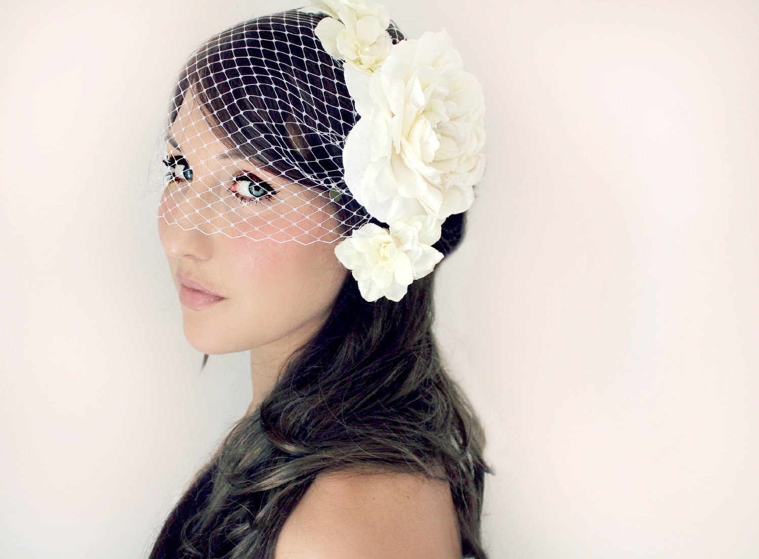 Wedding Flowers and Veil, 5 pc set, Tiara, Ivory or White, wedding accessory, bridal headpiece - JOSIE -