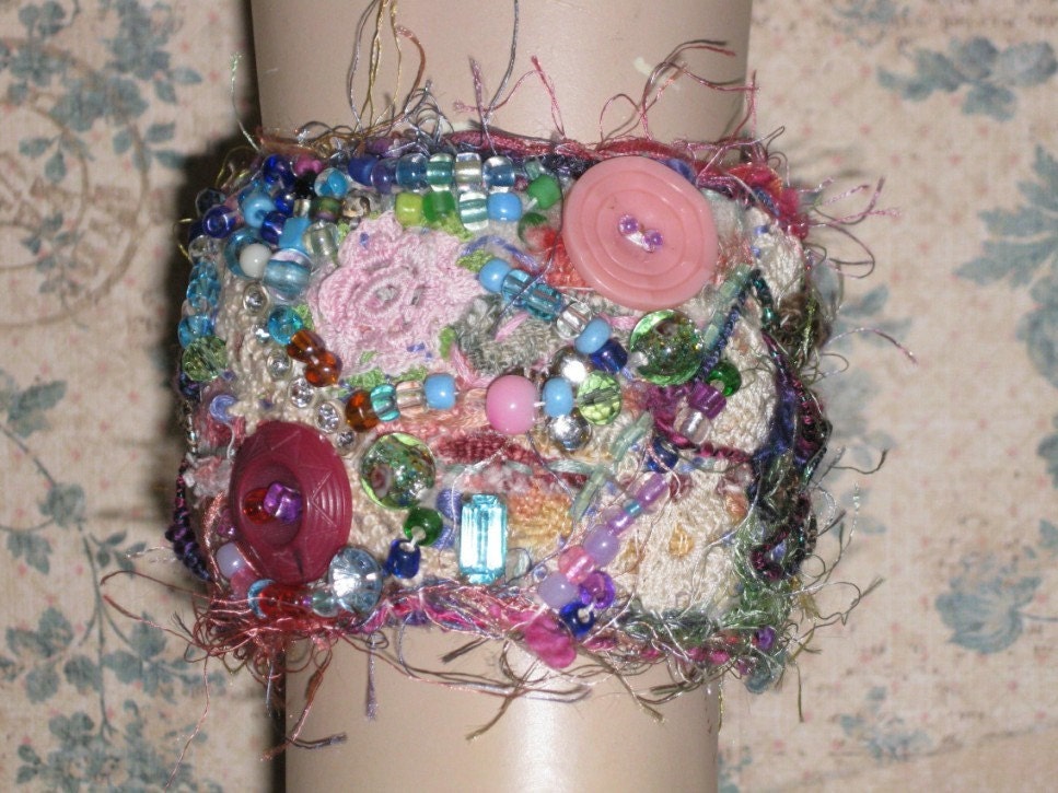 One of a Kind Wearable Fiber Art Bead Embroidered Stitched Cuff Bracelet