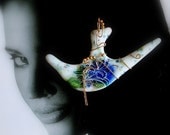 Fused Glass Floral big pendant White Blue Green OOAK