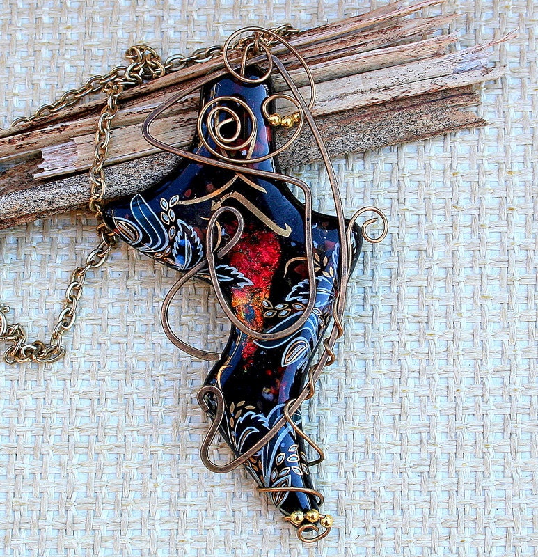 Pendant Big  Dichroic  Black Fused Glass  with Flower decal OOAK