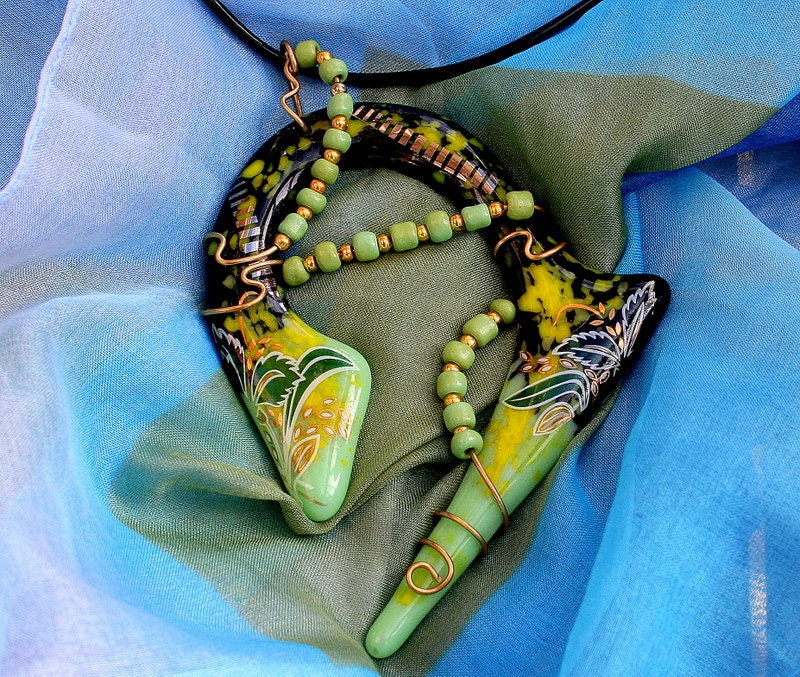 Fused Glass large   pendant Green Lime  OOAK