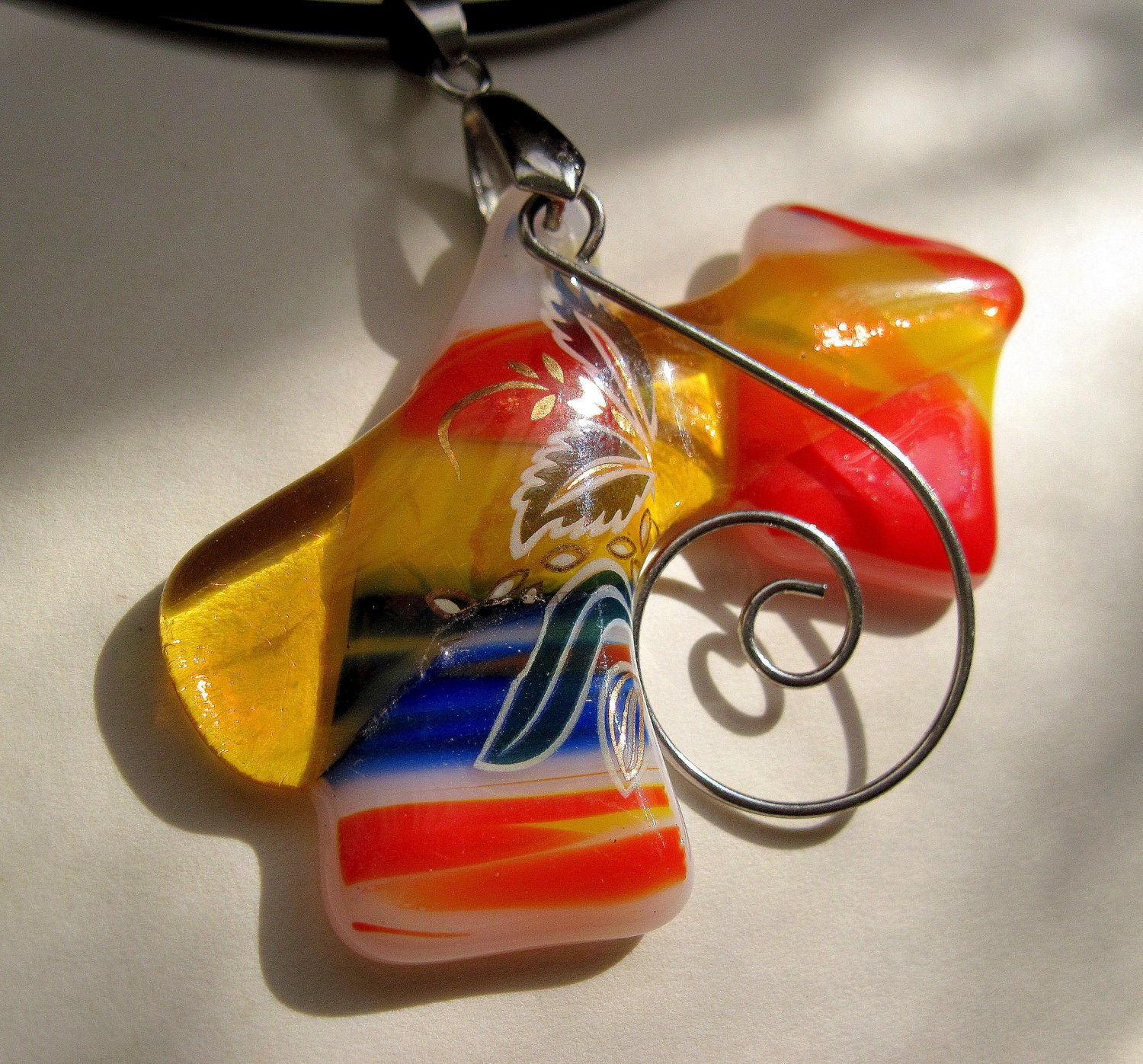 Fused Glass Multi-coloured  red blue pendant   OOAK